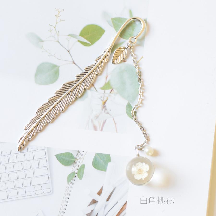Alloy Feather Bookmark Dried Flowers Pendant Book Marker Teacher Gift Student Stationery School Office Supply Escolar Papelaria