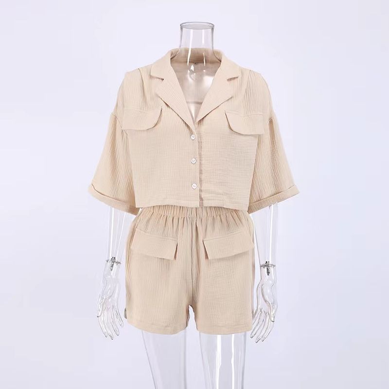 

Новое поступление Креп Хлопок и Лен Рубашка с коротким рукавом Шорты Комплект из двух предметов Рубашка с коротким рукавом Шорты Комплект Apricot S