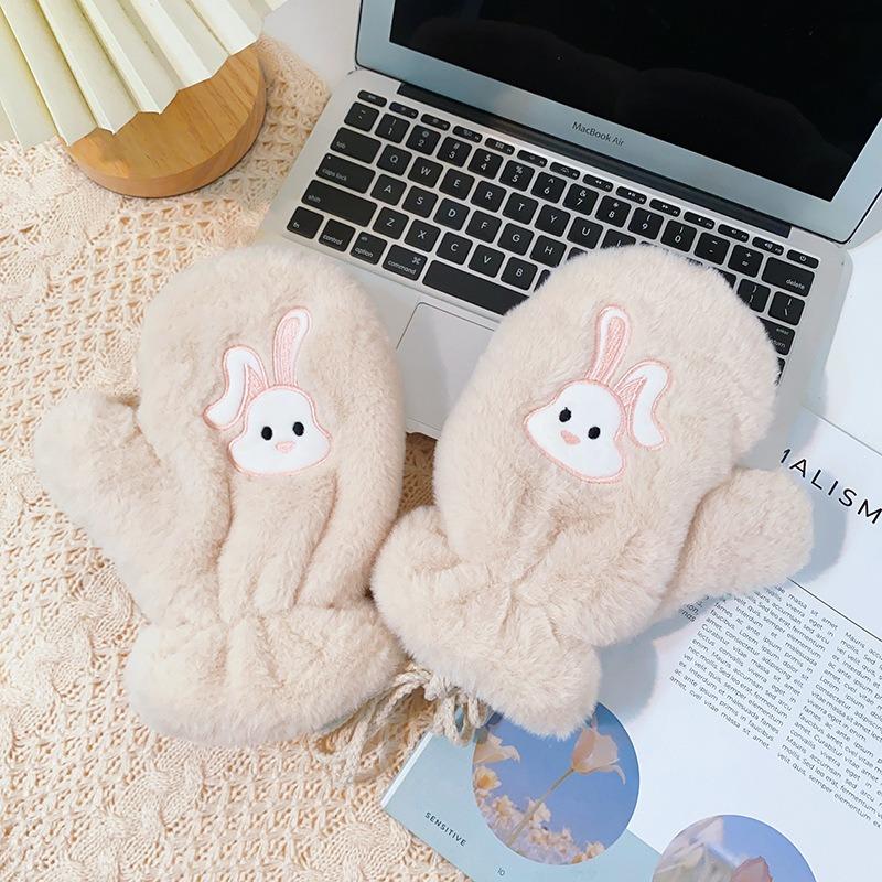 Fold-eared rabbit mittens female winter cute warm and cold-proof plush thickened plush neck cartoon