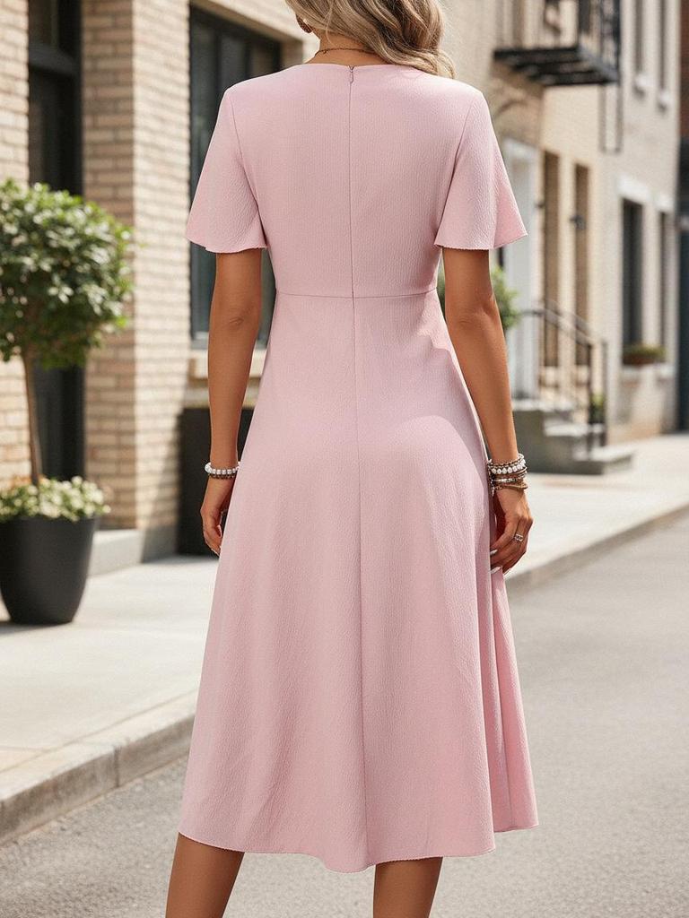 Summer French Elegance: Short Sleeve V-Neck A-Line Midi Dress for Vacation & Commute