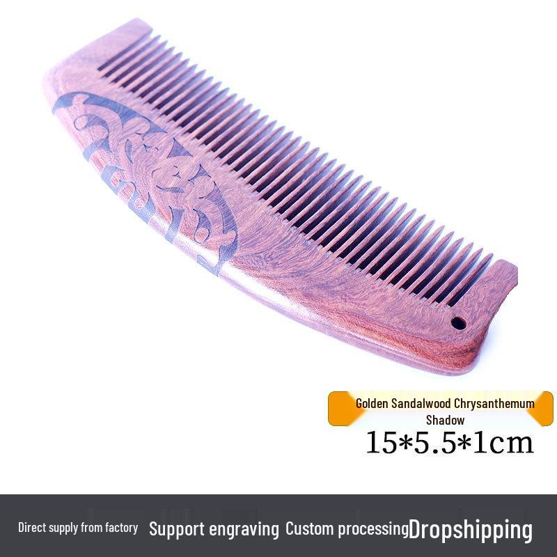 Golden Sandalwood Comb: Souvenir with Text Pattern, Thick Wooden Handle, Hairdressing Meridian Gift