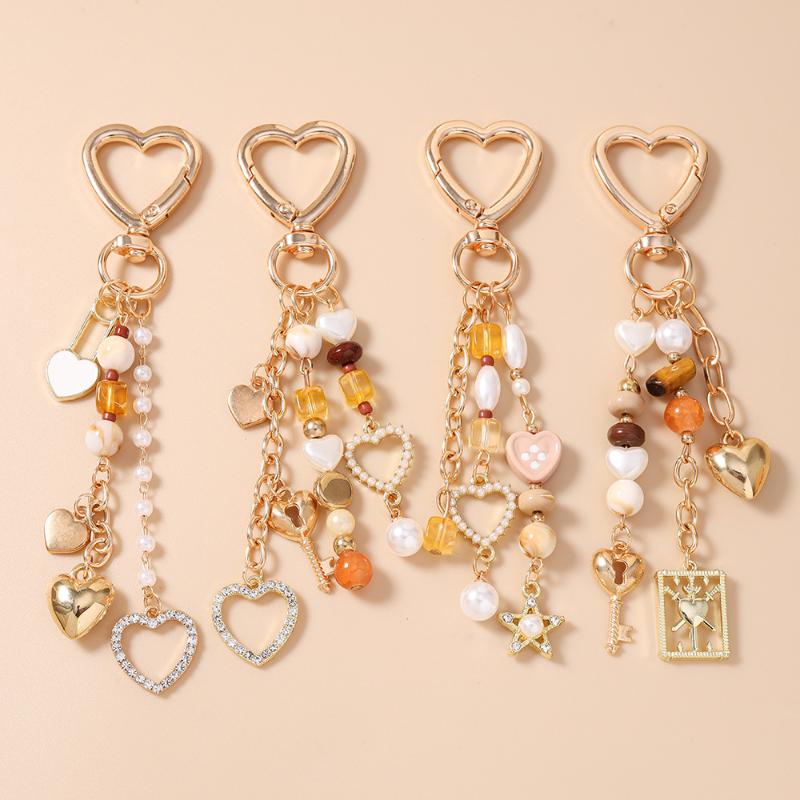 New Handmade Beaded Pearl Keychain Shell Love Heart Key Ring Pendants For Women Girls Handbag Decor Diy Key Chain Jewelry Gift