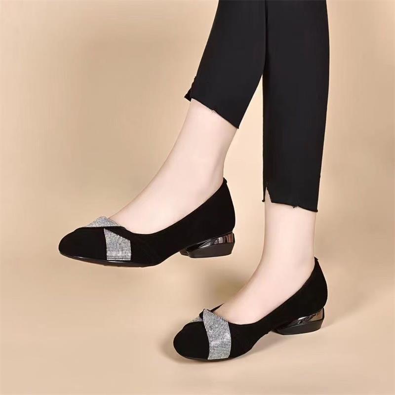 Soft Leather Soft Sole Spring 2025 New Rhinestone Temperament Matte Single Shoes Women's Middle Heel Comfortable Pointed Small Work Shoes