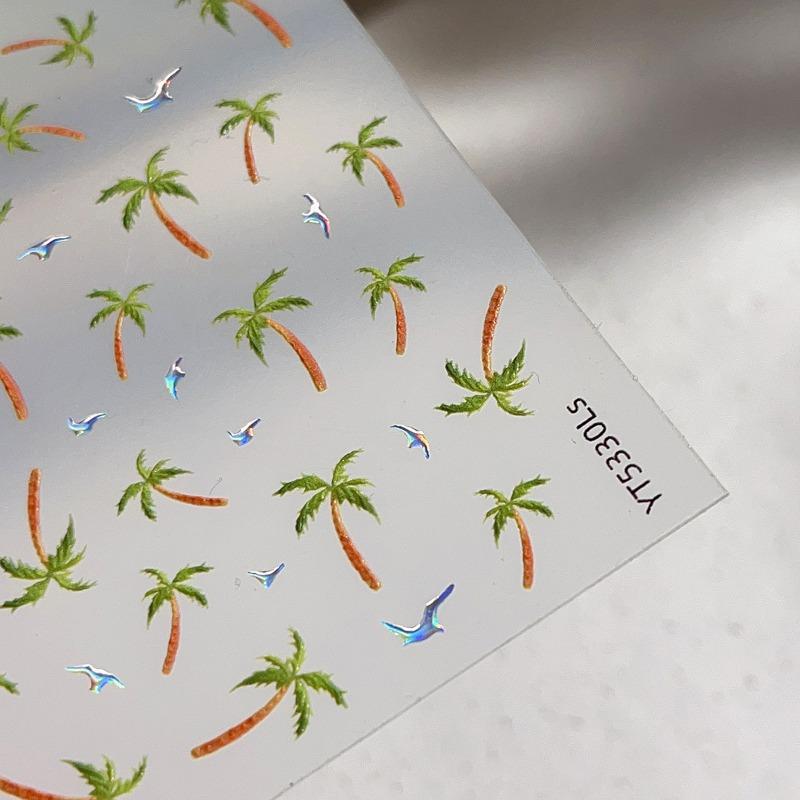 Tropical Beach Vacation Nail Art Stickers - Sparkling Coconut Trees & Seagulls, Reusable Plastic Decals for Manicures, Self-Adhesive Nail Art Decals