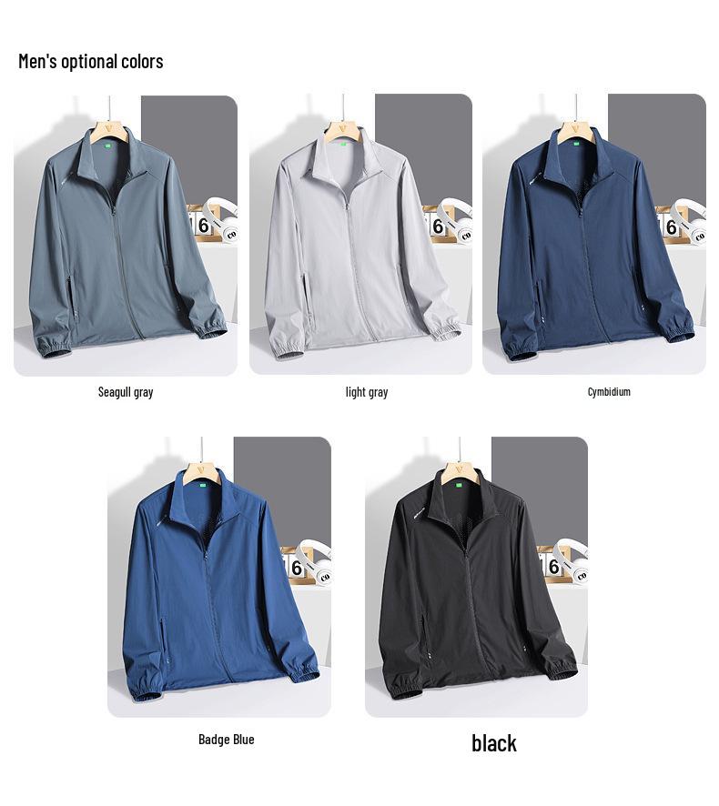 2026 UPF50+ Ice Silk Lightweight Breathable Stand Collar Jacket for Middle-aged & Elderly Men - Sun Protection, No Hood, Single Layer.