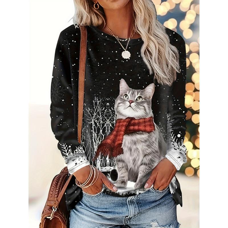 Christmas-themed women's snowflake and kitten print round neck long-sleeved T-shirt, festive black and white casual loose top