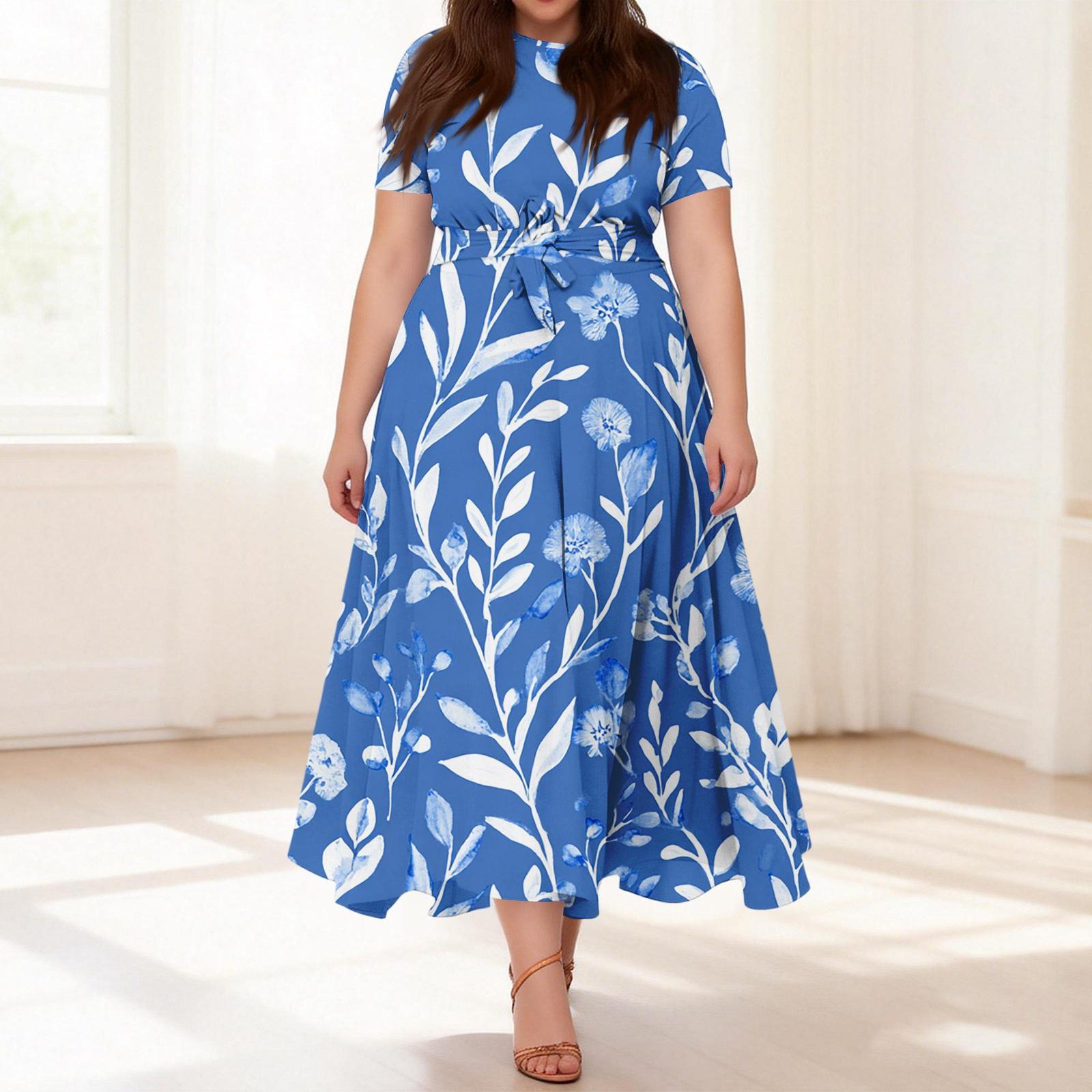 

Women s Casual Fashion Plus Size Retro Floral Print Round Neck Short Sleeve Pocket Tie-Waist Dress XL