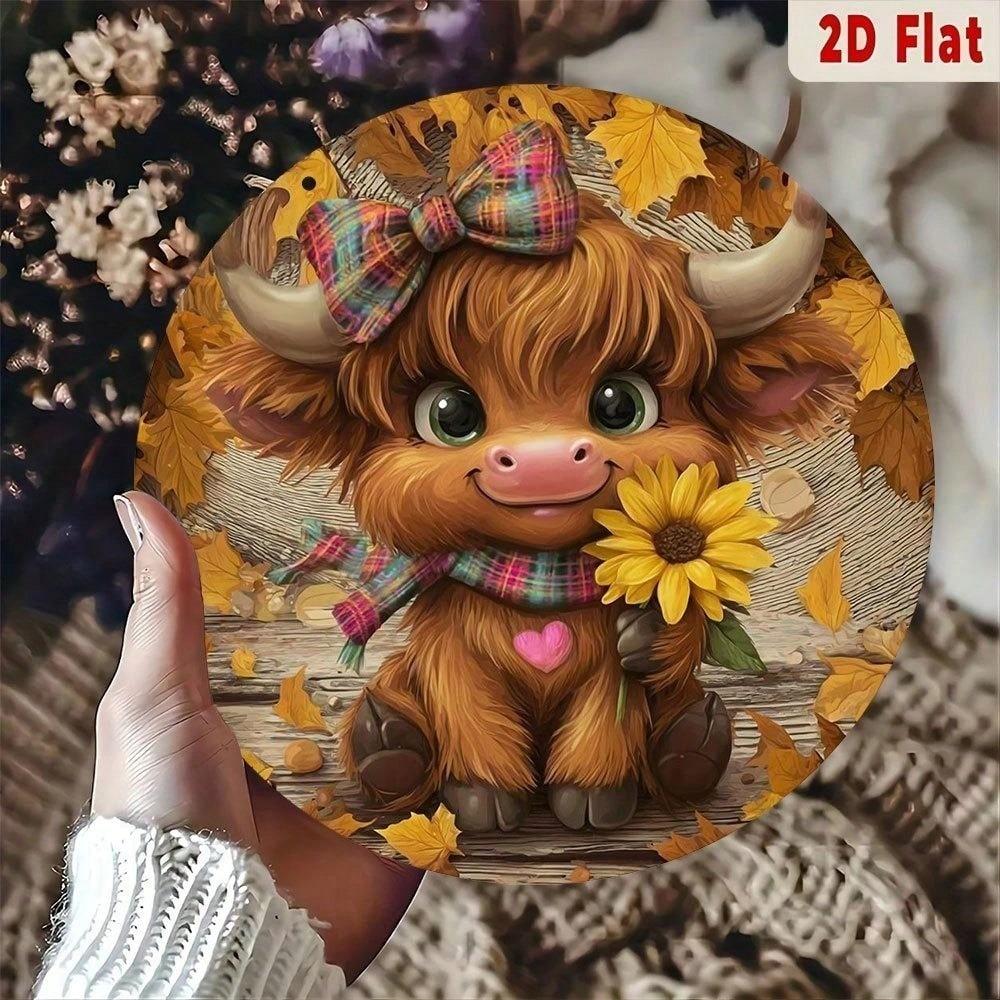 Cute Fluffy Cow Metal Sign with Sunflower Bow - 2D Farmhouse Wall Art Decor