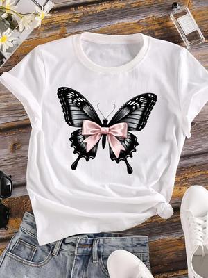 (Aziatische maat) zoete vlinder 90s Bedrukte Dameskleding Dames T-shirt Dames T-shirt Casual Mode Top Grafische T-shirts met Korte Mouwen