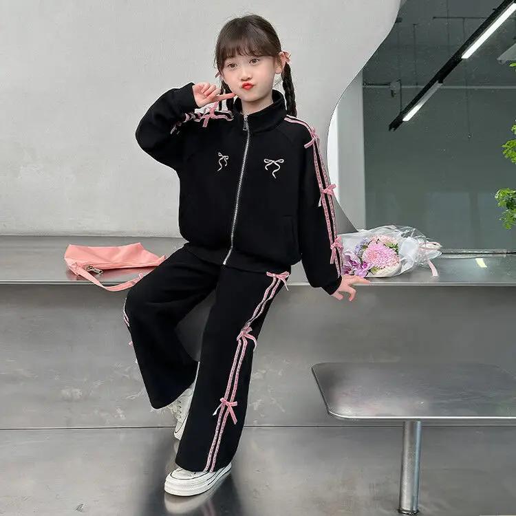 

Стильная осенняя коллекция Детский спортивный костюм Повседневный кардиган с бантом Модные брюки Комплект из 2 предметов для девочек 120 чёрный
