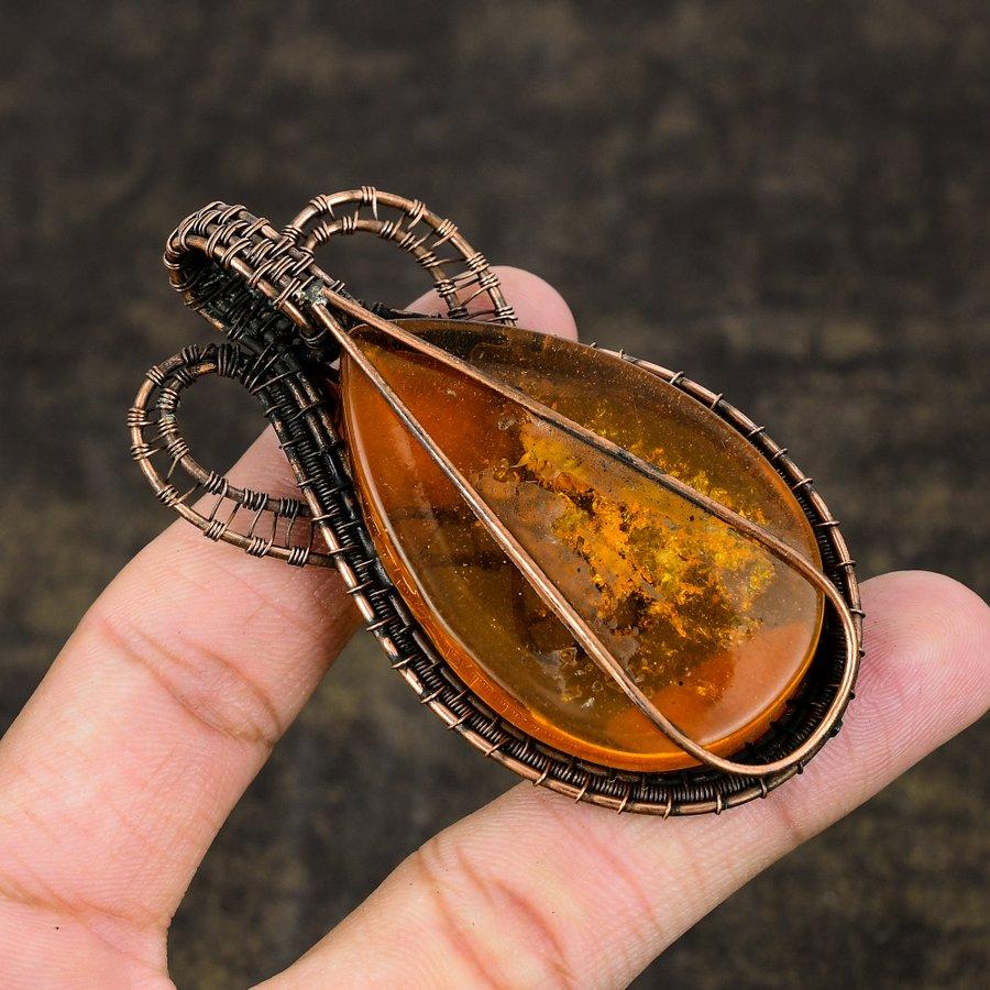 Pierre Précieuse Ambre Baltique Naturel Pendentif Fait Main en Fil de Cuivre Enveloppé 3.03" v0g66