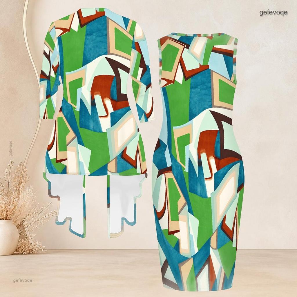 Women Plus Size Striped Printed Two Piece Set 3 4 Sleeve Open Cardigan Sleeveless Crew Neck Bodycon Dress