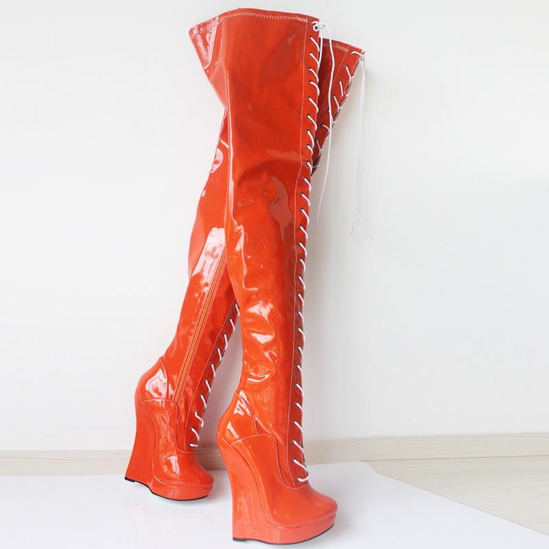 FHC Extreme High 7"/18CM Wedges Heels Crotch Boots,Patent Leather Thigh High Botas,Lace-up Sexy Platform Zip Ballet Shoes,Black