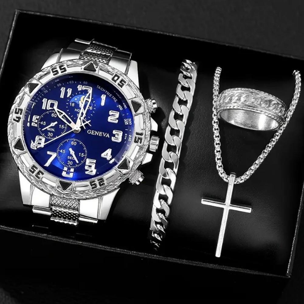 Men s watch trendy fake three-eye calendar watch 4 pieces/set Men s black minimalist quartz watch set