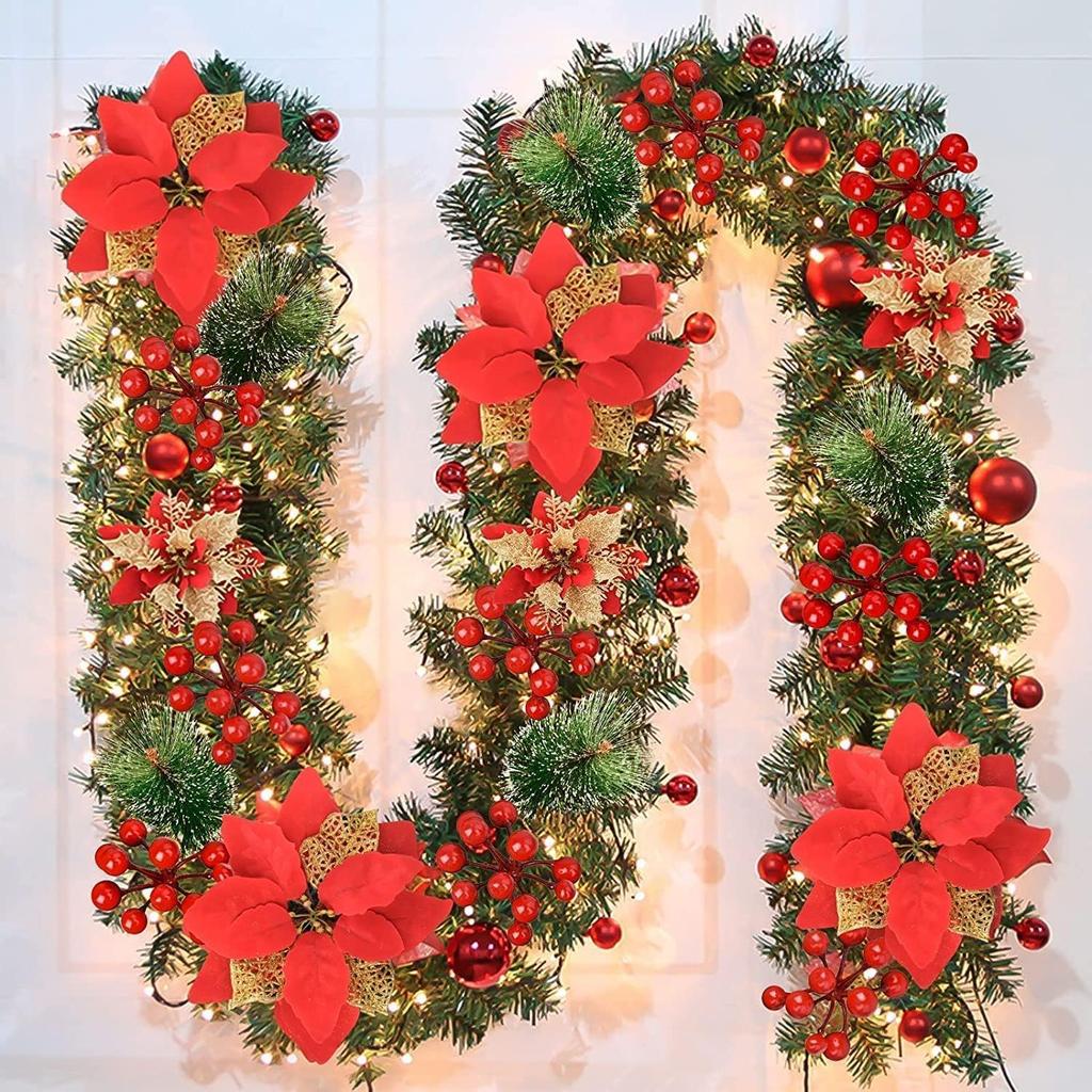 Christmas Garland,Christmas Garland with Lights,Xmas Decor,9 ft Rattan Artificial Flower Vine Plants Xmas Decorations for Indoor Outdoor Home Mantel