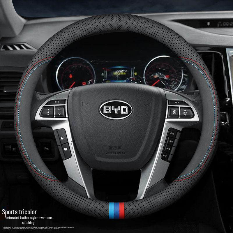 BYD New Energy Genuine Leather Steering Wheel Cover - Ultra-thin, All-season for Han, Tang, Qin, Song, MAX, Yuan, E2F3 models.