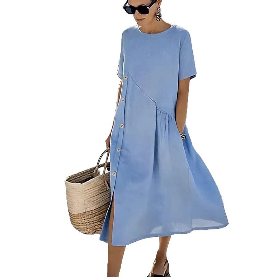 New dress European and American casual button decoration shrink pocket medium and long dress
