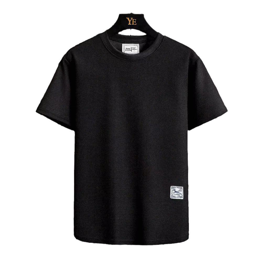 Pánské tričko s krátkým rukávem z ledového hedvábí s vaflovou pleteninou: Volný střih, Jednobarevný, Módní kulatý výstřih