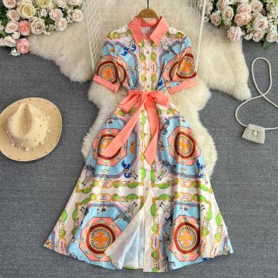 Sommer Vintage Kurzarm Revers Hemd Kleid Frauen Stern Kette Pferd Gedruckt Einreiher Schärpen Spitze Up Midi Party kleider