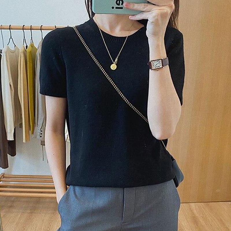 Spring And Summer Candy Short Sleeve T-shirt Women O-neck Slim Office Lady Knitted T Shirt Fashion Base Sweater Tshirts 18854