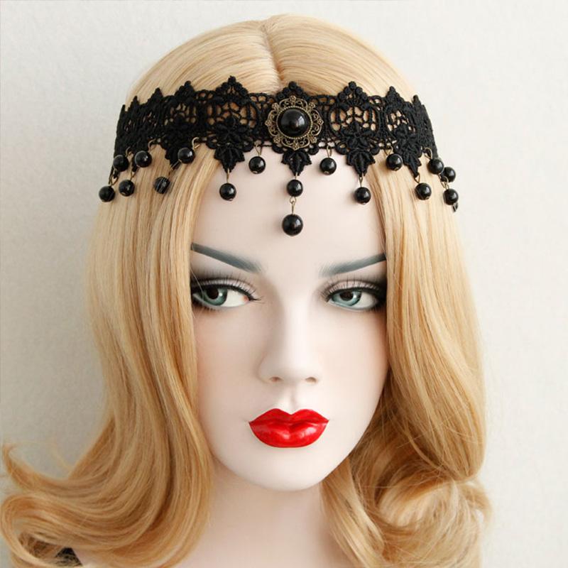 Beads Black Hairbands For Women Girls Neo-Gothic Flower Lace Tiara Headdress Female Halloween Party Fashion Noble Jewelry