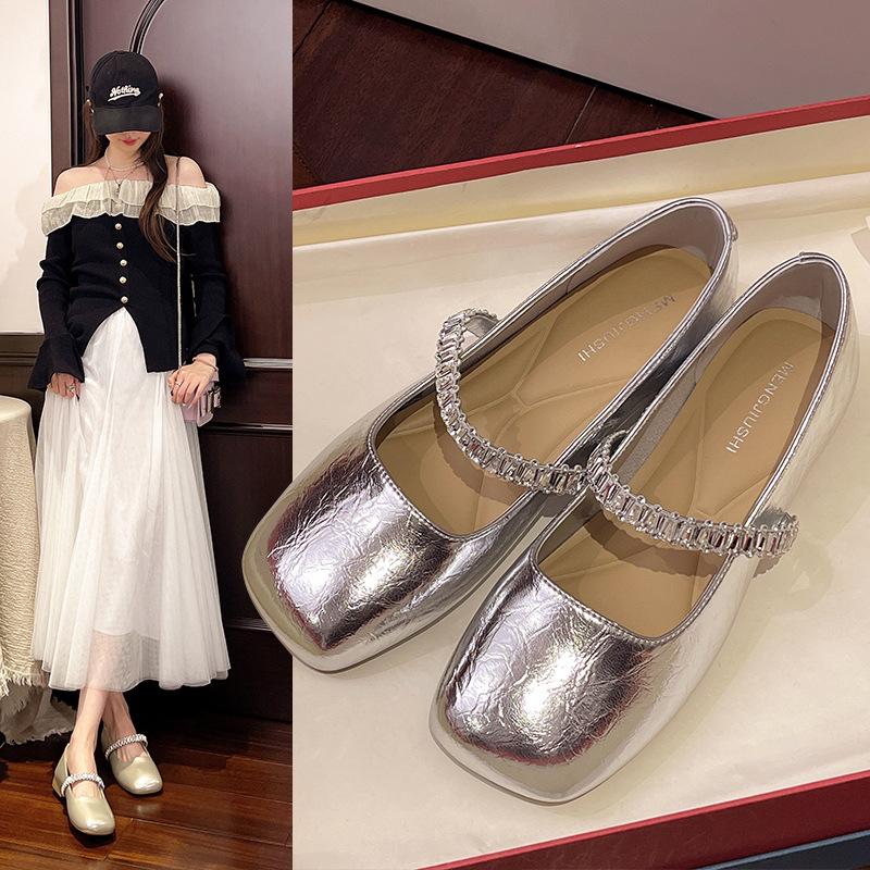 2025 New Summer Square Head Rhinestone Word with Mary Jane Shoes Women's Shallow Mouth Flat Bottom Evening Shoes