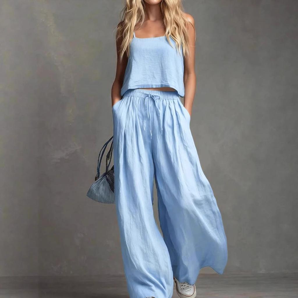 1116 European beautiful women's new solid color casual suspender top wide-leg pants set