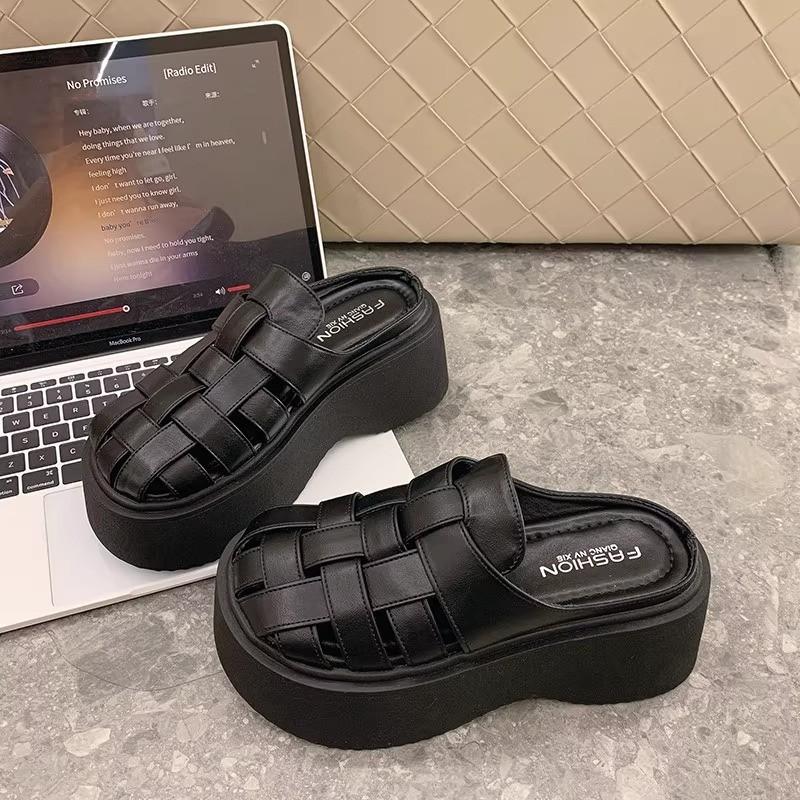 French woven baotou half slippers women's shoes spring and summer 2025 new muffin thick-soled hollowed-out versatile Roman sandals