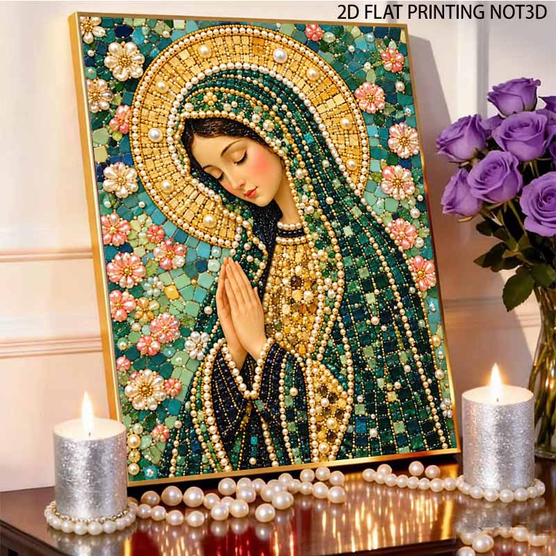 DIY Framed Pearl Bead Art Kit Religious Virgin Mary Floral Mosaic Sparkling Canvas Painting for Wall Decor Gift