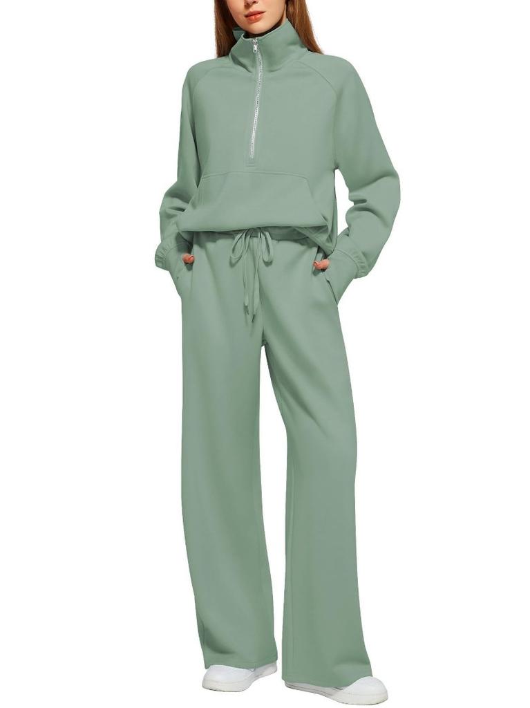 Damen Zweiteiler Oversized Halbreißverschluss Sweatshirt und Weite Hose Lässiges Set