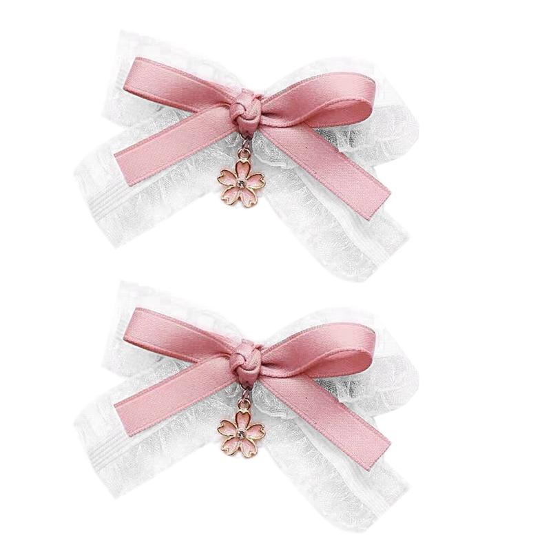 Girls Ruffles Lace Necklace with Pearl Chain Pendant Ribbon Bows Earrings Hair Clips Handmade Lolita Hair Ornaments