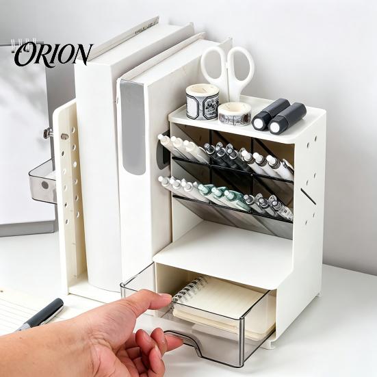 Compact Plastic Desk Shelf Pen Organizer with Retractable Bookends And Pegboard, Multi-Functional Angled Makeup Essential Classroom Organization
