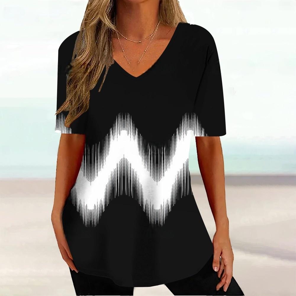 Letni top z dekoltem w serek z nadrukiem 3D w gradientowy wzór Modne codzienne damskie T-shirty z krótkim rękawem