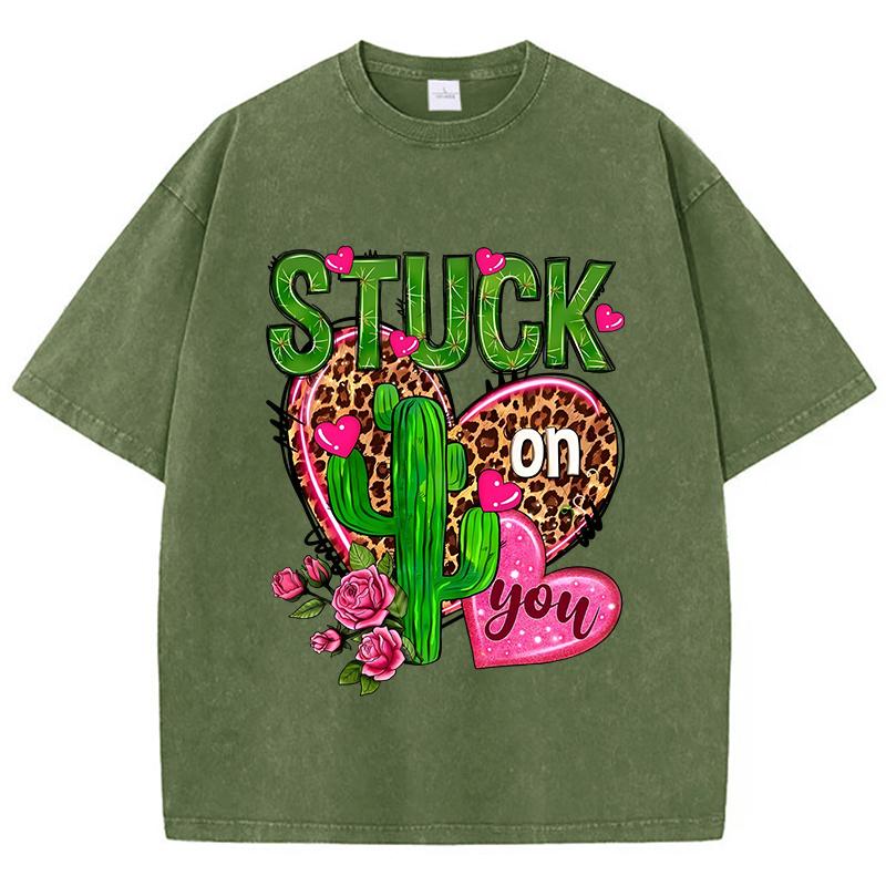 

Street Woman Washed TShirts Stuck On You Leopard Heart Print Short Sleeve Crewneck Cotton Oversize Tops Summer Female Clothes S