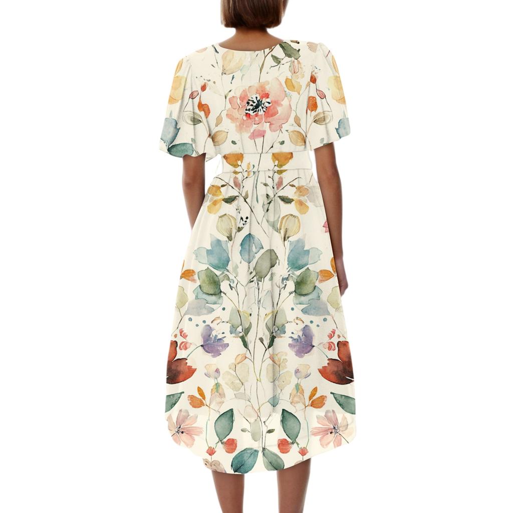 Damenmode Lässig V-Ausschnitt Kurzarm Rüschen Vintage Bedruckte Kleider