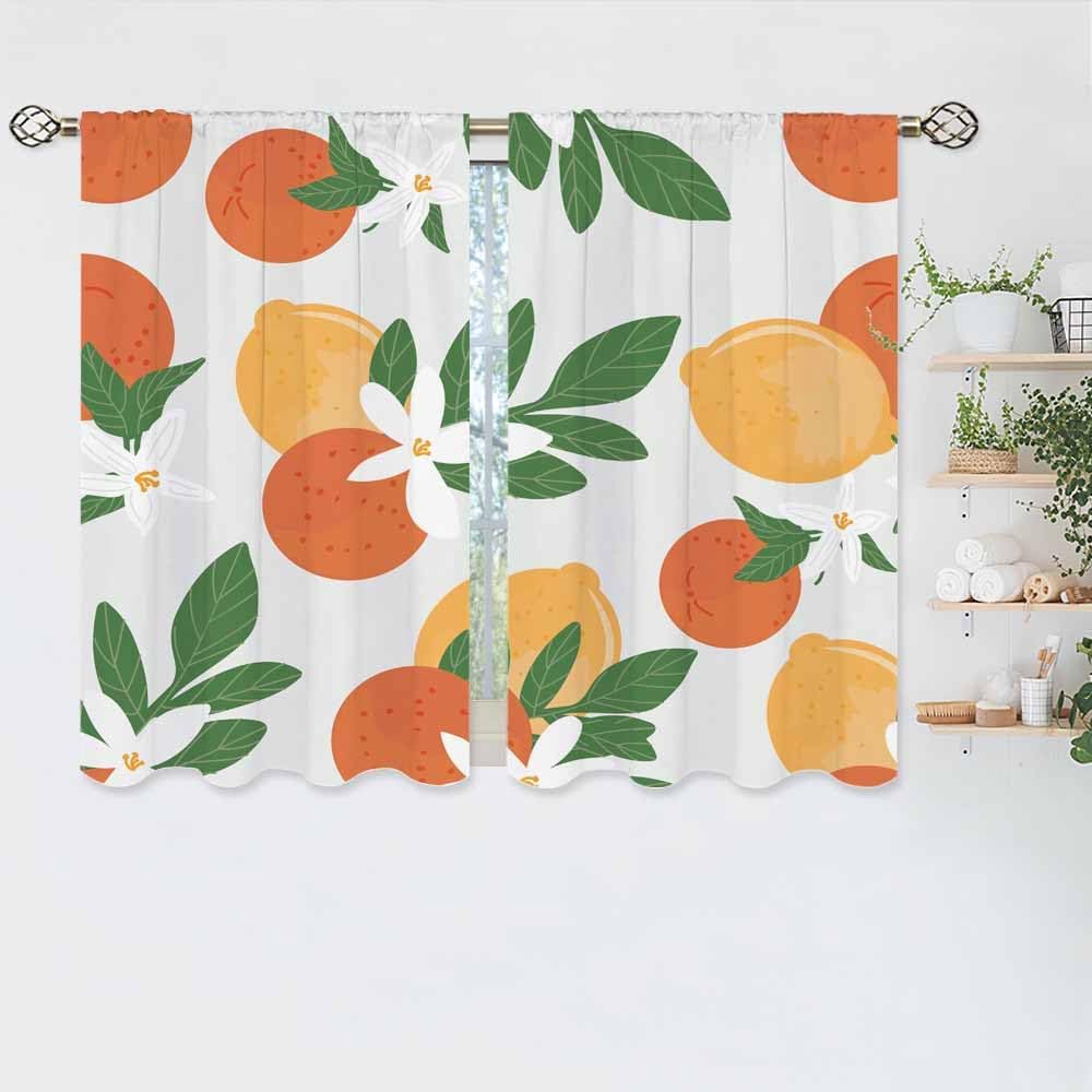 Oranges and Lemons Kitchen Curtains Tropical Fruit Slice Floral Leaves Fresh Short Tier Curtains for Bathroom Cafe Small Window