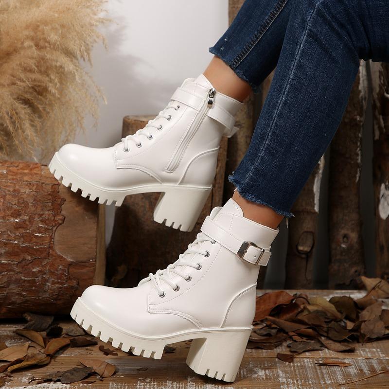 2025 Women's Fashion Boots Round Toe Platform Sole Lace-up Side Zipper Short Boots Street Style Leisure All-match Autumn Boots