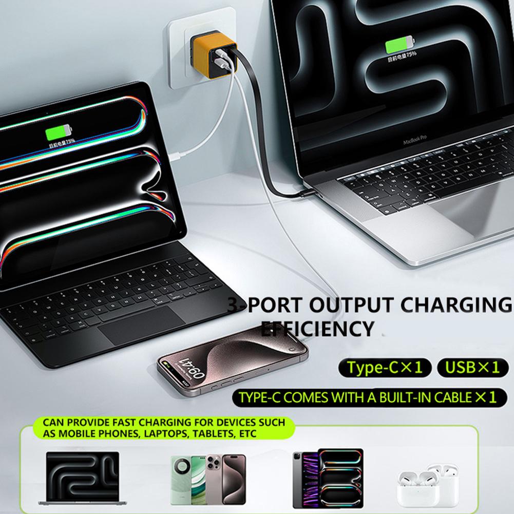 3 in 1 GaN Charger 80W Scalable Max Fast Charger with Type C Cable and 2 USB Ports, Retractable Phone Wall Plug for Phone Laptop