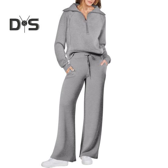 2Pcs/Set Women Solid Color Casual Outfit Lapel Zipper Neckline Long Sleeve Sweatshirt Elastic Waist Drawstring Wide Leg Pants Set