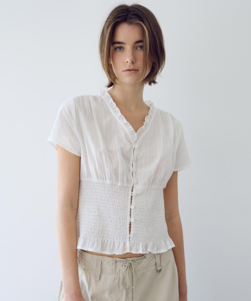Yulago Smocked Frill Blouse_Ivory