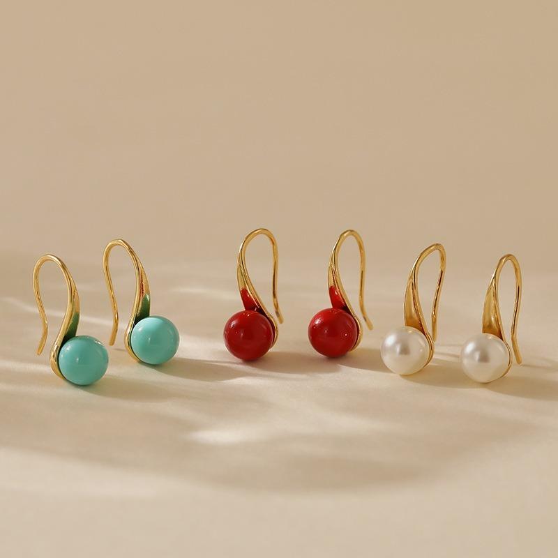 Gold Plated Matte Red Bead Drop Hook Earrings