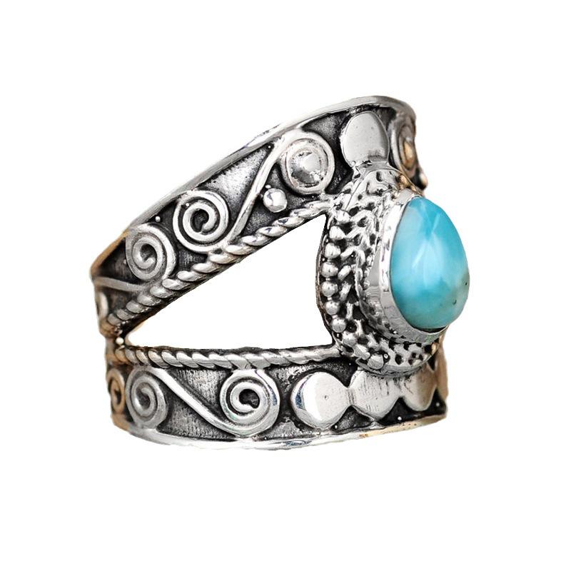 Jianjie Böhmischer Türkis Tropfen Gravierter Floraler Ring - Vintage Damenschmuck