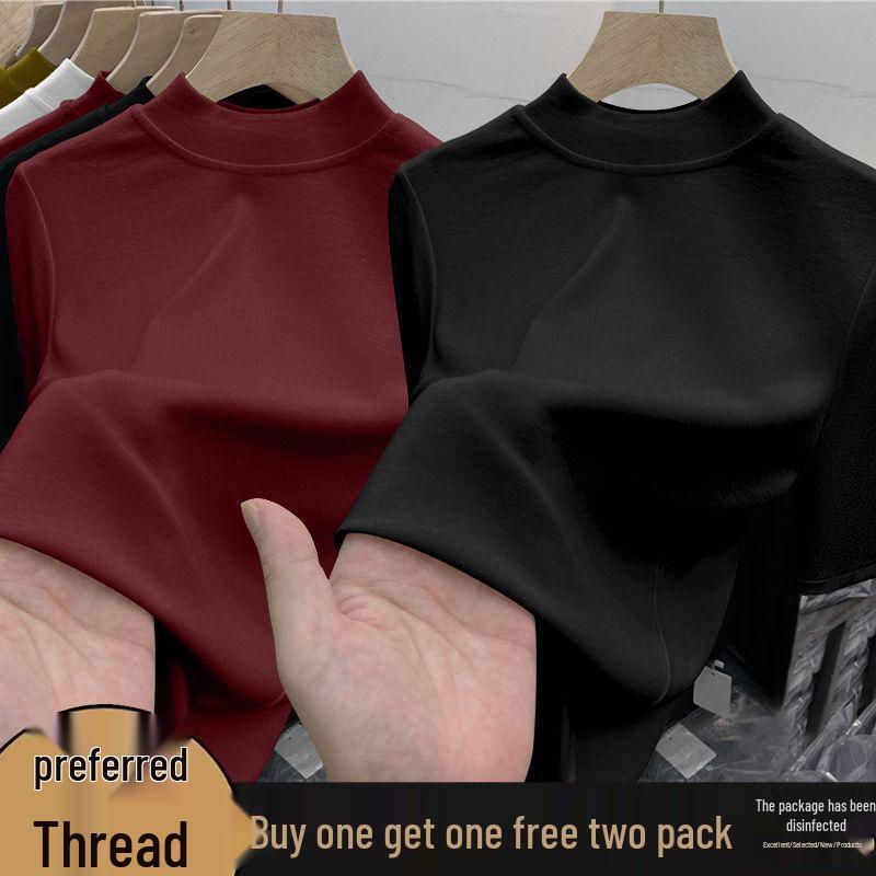 Chic High-Neck Slimming Mid-Sleeve Top (1/2 Piece) - Fashionable Natural Shoulders, Ideal for Spring/Autumn Layering, Body-Conscious Women's T-Shirt