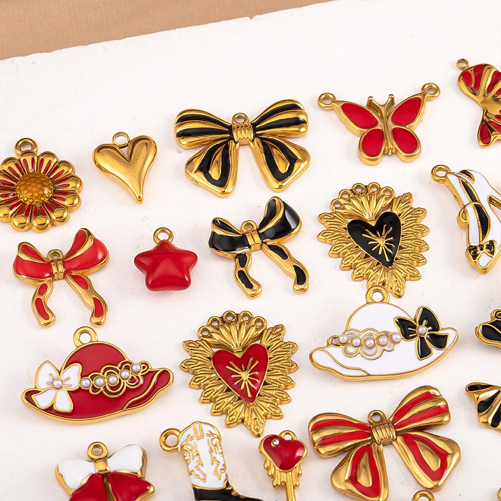 2pcs Stainless Steel Cartoon Enamel Bowknot Red Black High Heel Bone Pendant Necklace Earring Heart Charms Craft Jewelry Making