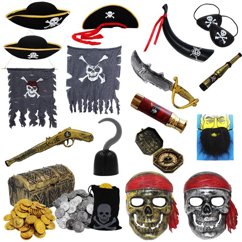 Pirate Costume Accessories: Skull Eye Patch, Hat, Hook, Flag, Telescope, Knife, and Gun for Halloween.