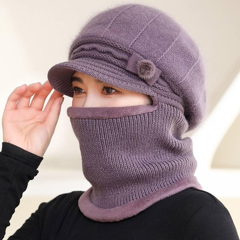 Women's Winter Knitted Wool Hat & Scarf Set with Fleece Lining, Thick and Warm for Middle-Aged & Elderly, Ideal for Cycling and Cold Protection.