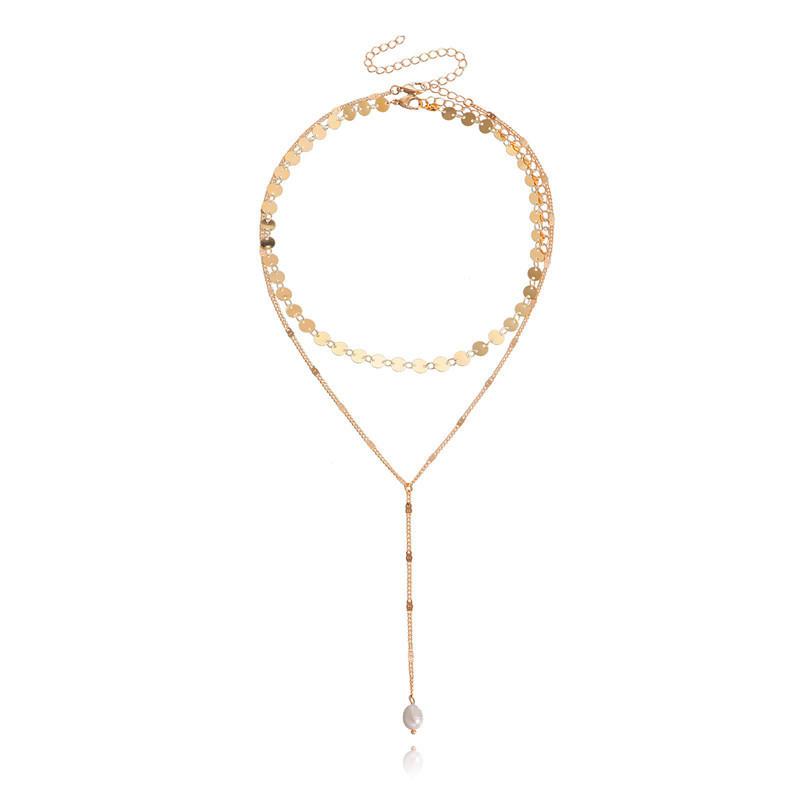 Fashion Trend Design Metal Accessories Women, Double Round Sequin Pearl Tassel Necklace