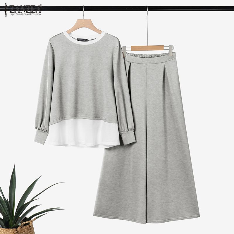 ZANZEA Women Casual Long Sleeve Blouse and Wide Leg Pants Two Piece Suit Sets