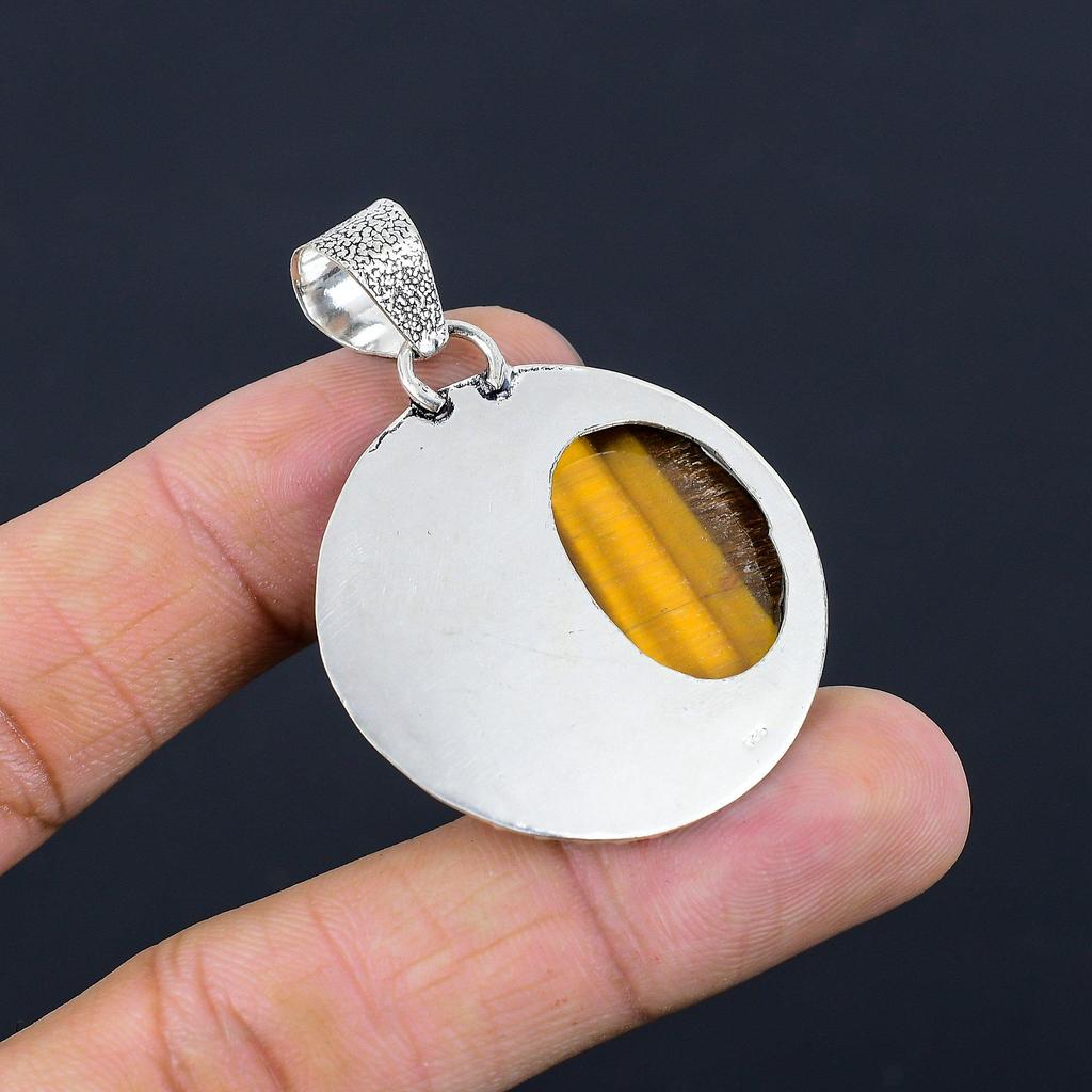 Oval Natural Tiger Eye Sister Elegant Bezel Pendant Jewelry 925 Sterling Silver