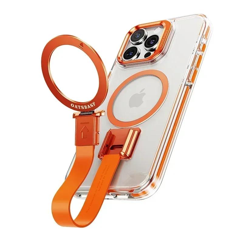 

Oatsbasf Phone Case for iPhone 15 16 Pro Max Dropproof Phone Cover w/ 360° Rotate Magsafe Ring Stand Bumper w/ Silicone Lanyard Case & Strap&For iPhone 16 помаранчевий